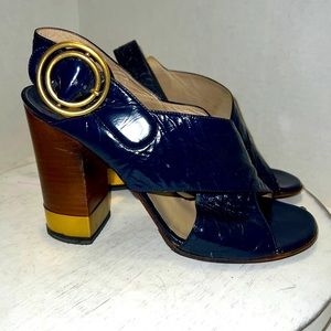 Chloe Patent Leather Blue Block Heel Sandal Gold Details Open Toe Womens 38.5